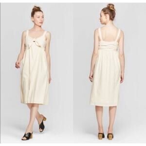 Cream Colored‎ Linen Blend Tie Front Mid Dress SZ XXL Lined Cottagecore Boho